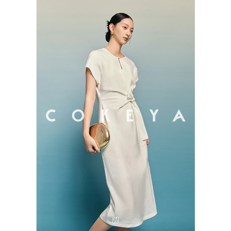 COKEYA/罗马假日~冰感竹节天丝亚麻镂空收腰系带法式裙ENB3XH520