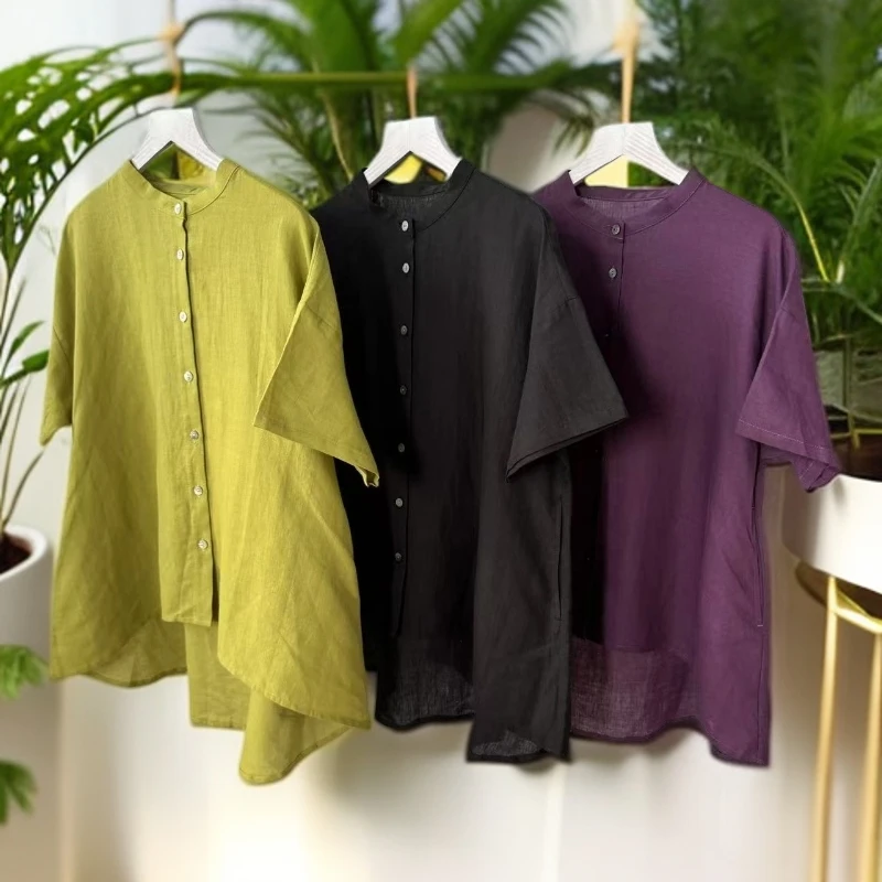 日系新款文艺复古百搭简约圆领纯色宽松休闲麻衬衫25071952