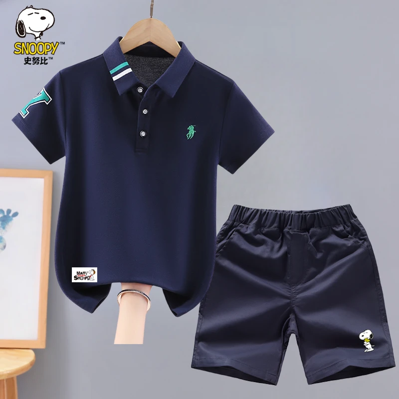 史努比男童短袖套装夏装2025新款洋气中大童男孩polo衫裤子两件套