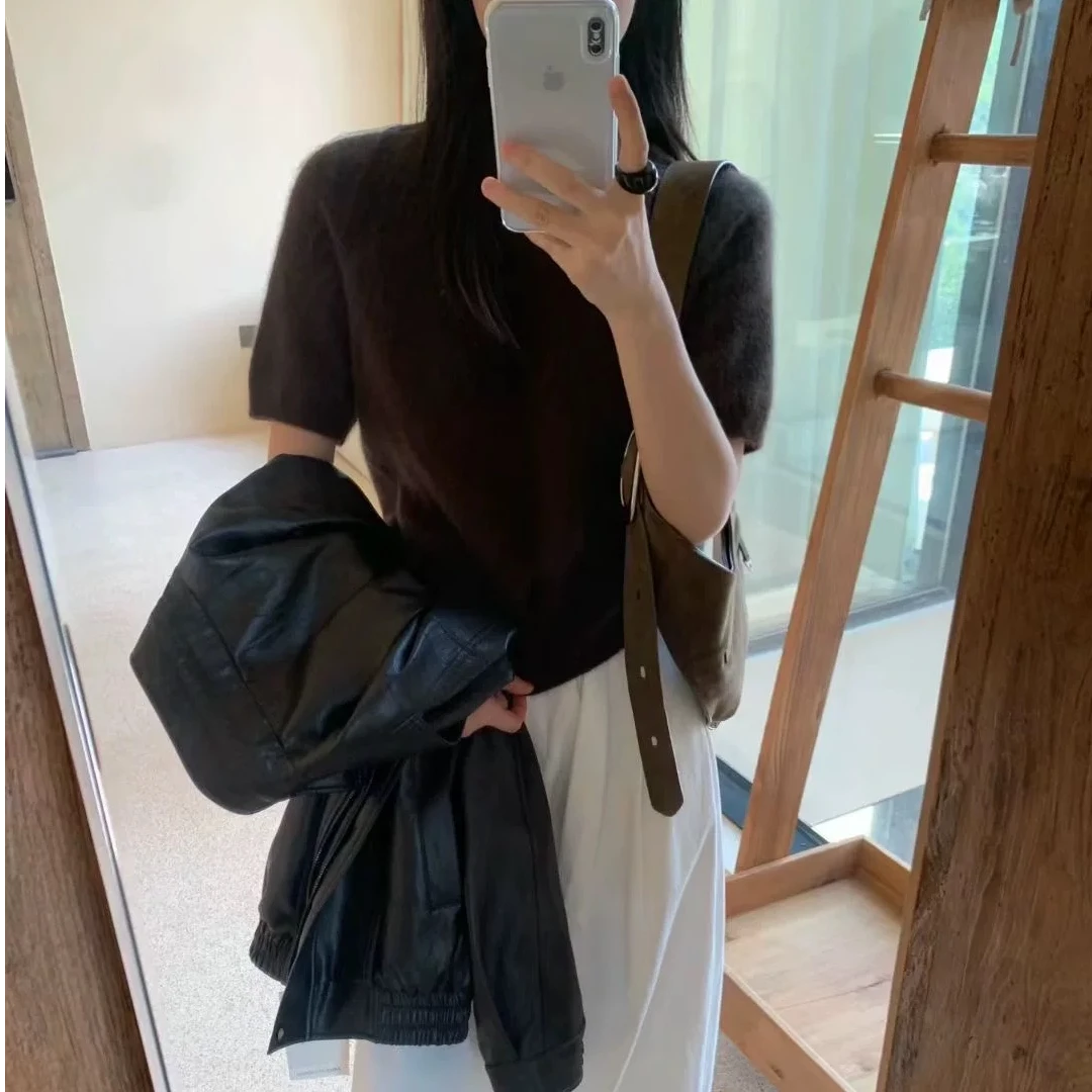 【墨灰色】短袖圆领秋冬新款宽松韩版设计感针织衫毛衣女