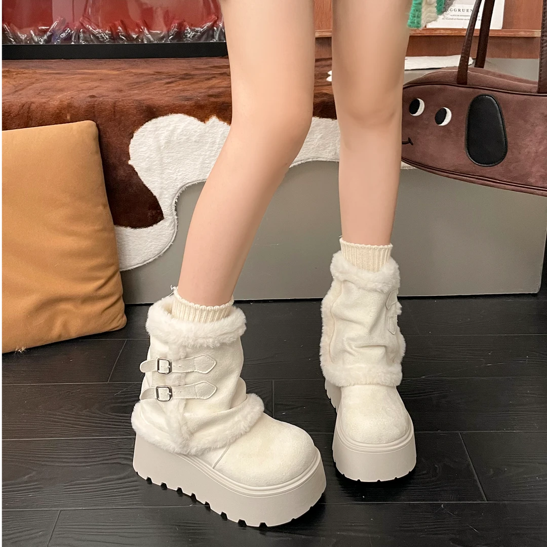 三福加绒厚底增高雪地靴女款2025新款冬季防滑外穿保暖加厚棉鞋子