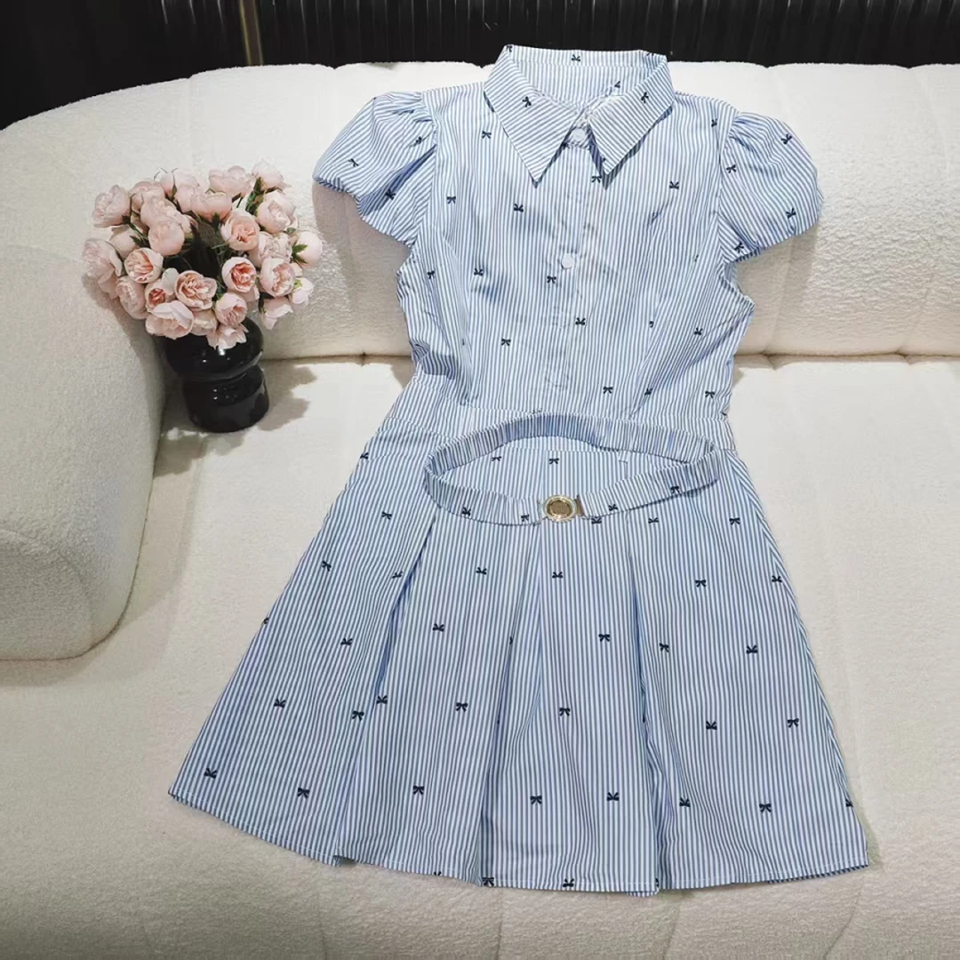 5623休闲POLO领条纹连衣裙蝴蝶结印花夏季连衣裙