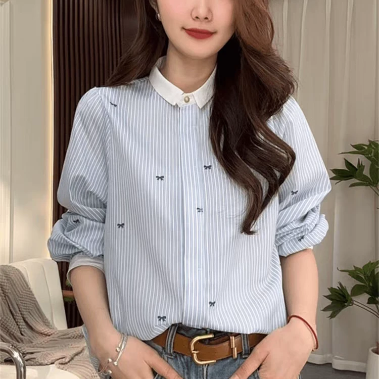2025新款复古撞色翻领条纹印花蝴蝶结长袖衬衫时尚洋气气质