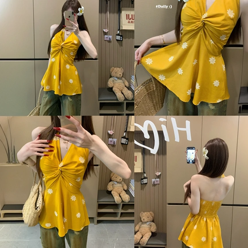 夏日明媚法式黄色扭结褶皱V领吊带背心女纯欲收腰甜辣妹显瘦上衣