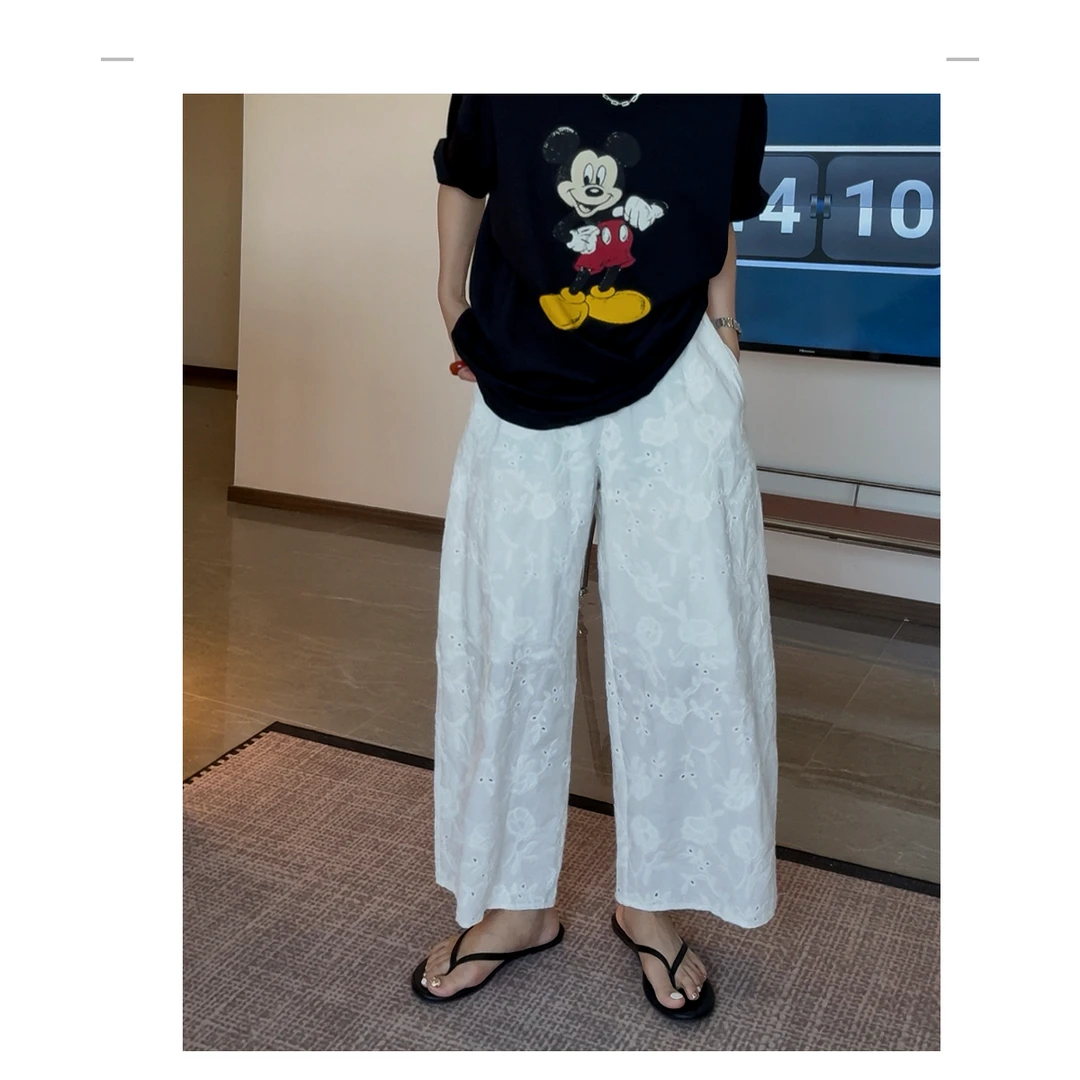 【立体刺绣白裤子】肌理花纹休闲九分裤  25AX05