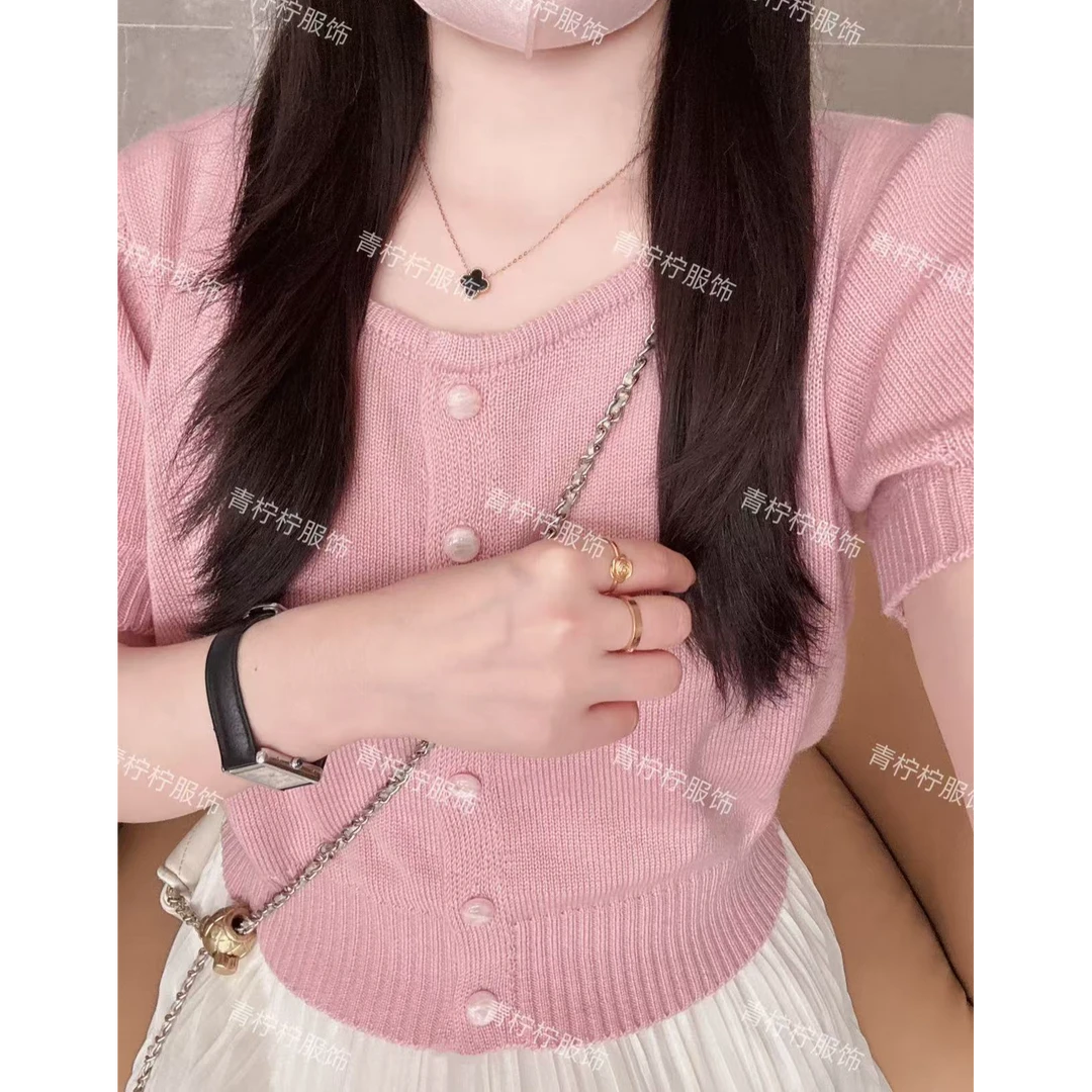 【赴约】原创设计新款高级感时尚气质单排扣短袖针织衫上衣女夏C1