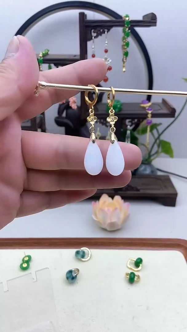 和田玉14K金镶嵌耳饰72号