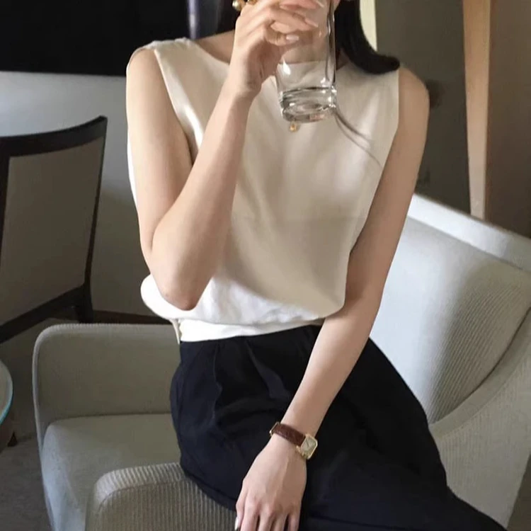 韩国东大门新款骨感美100天丝光泽前后两穿女士无袖衬衫显瘦气质