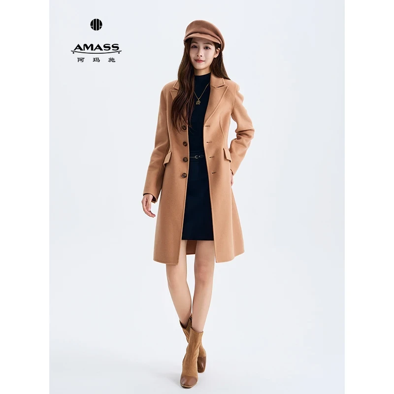 AMASS/阿玛施秋冬经典复古气质纯色时尚中长款绵羊毛大衣540038