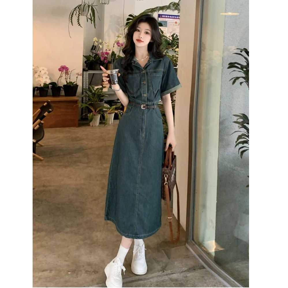 复古牛仔连衣裙女装夏季新款法式小众设计感小个子气质港风长裙子