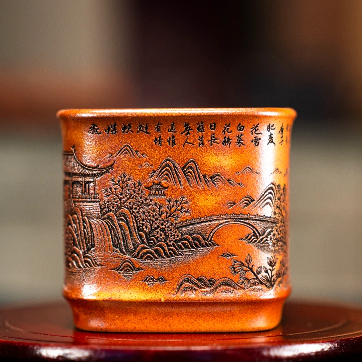 7411{珍品}宜兴紫砂手工雕刻四方山水陶瓷柴烧主人杯家用GQF高档