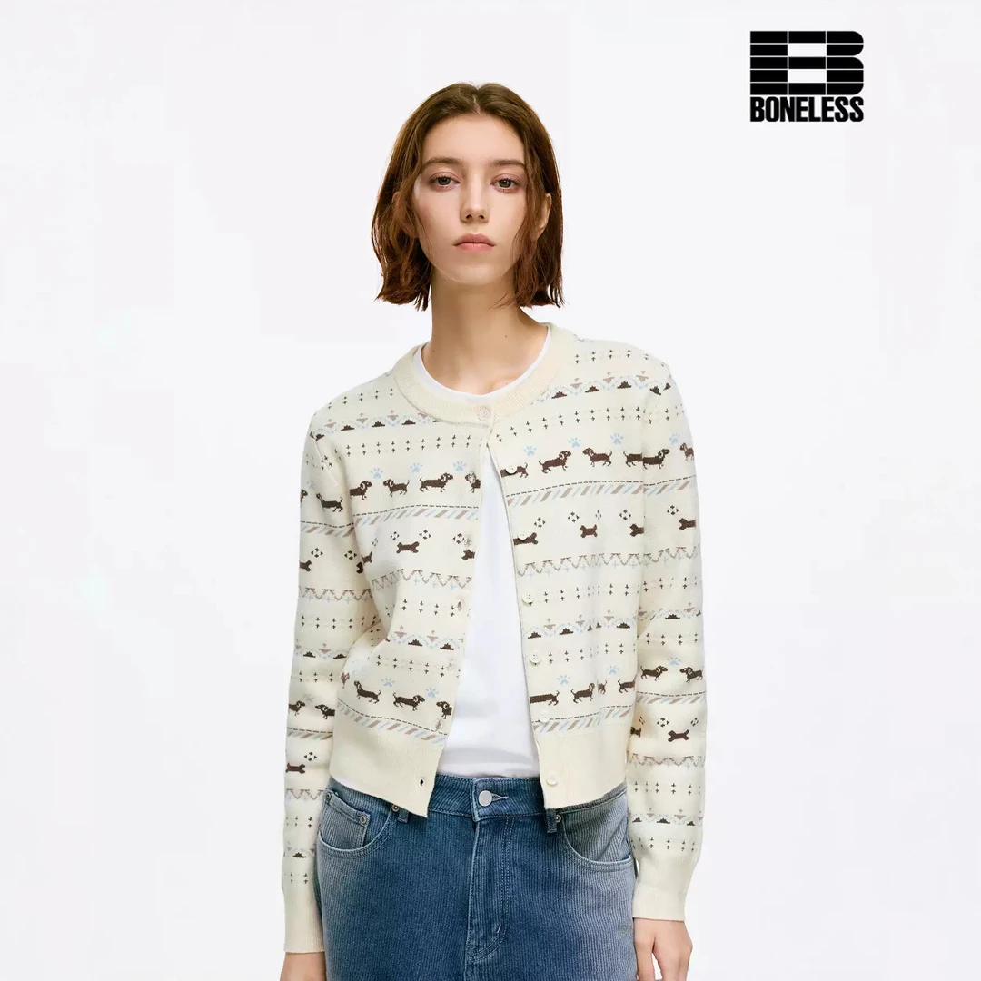 【费尔岛系列】BONELESS腊肠狗图腾提花针织毛衣冬季保暖开衫上衣