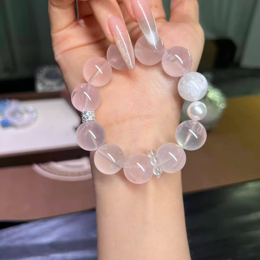 「粉黛星露」粉色系天然大颗星光粉白水晶跑环水晶手串多样性发一