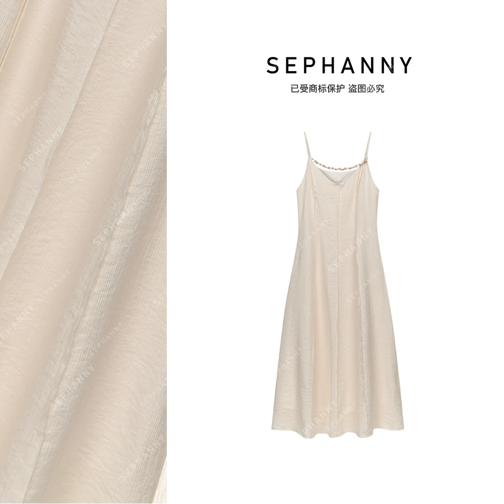 SEPHANNY 优雅法式V领串珠吊带连衣裙