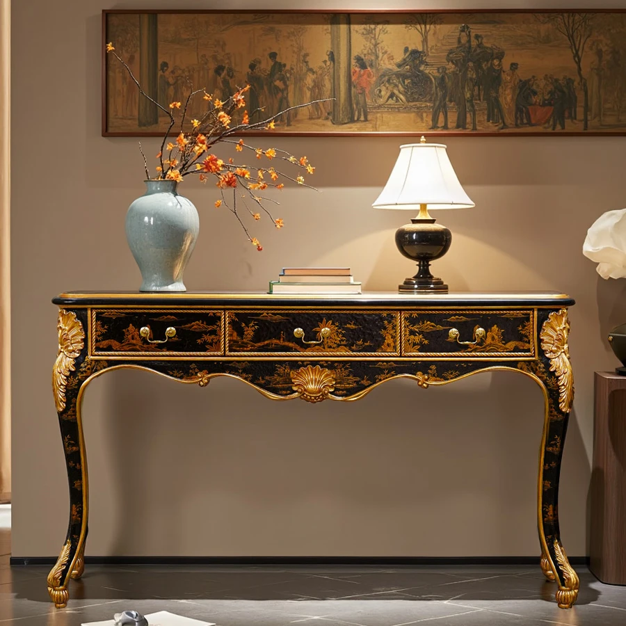 【本尼家】YS136法式中国风复古手绘艺术山水风景实木玄关条案柜