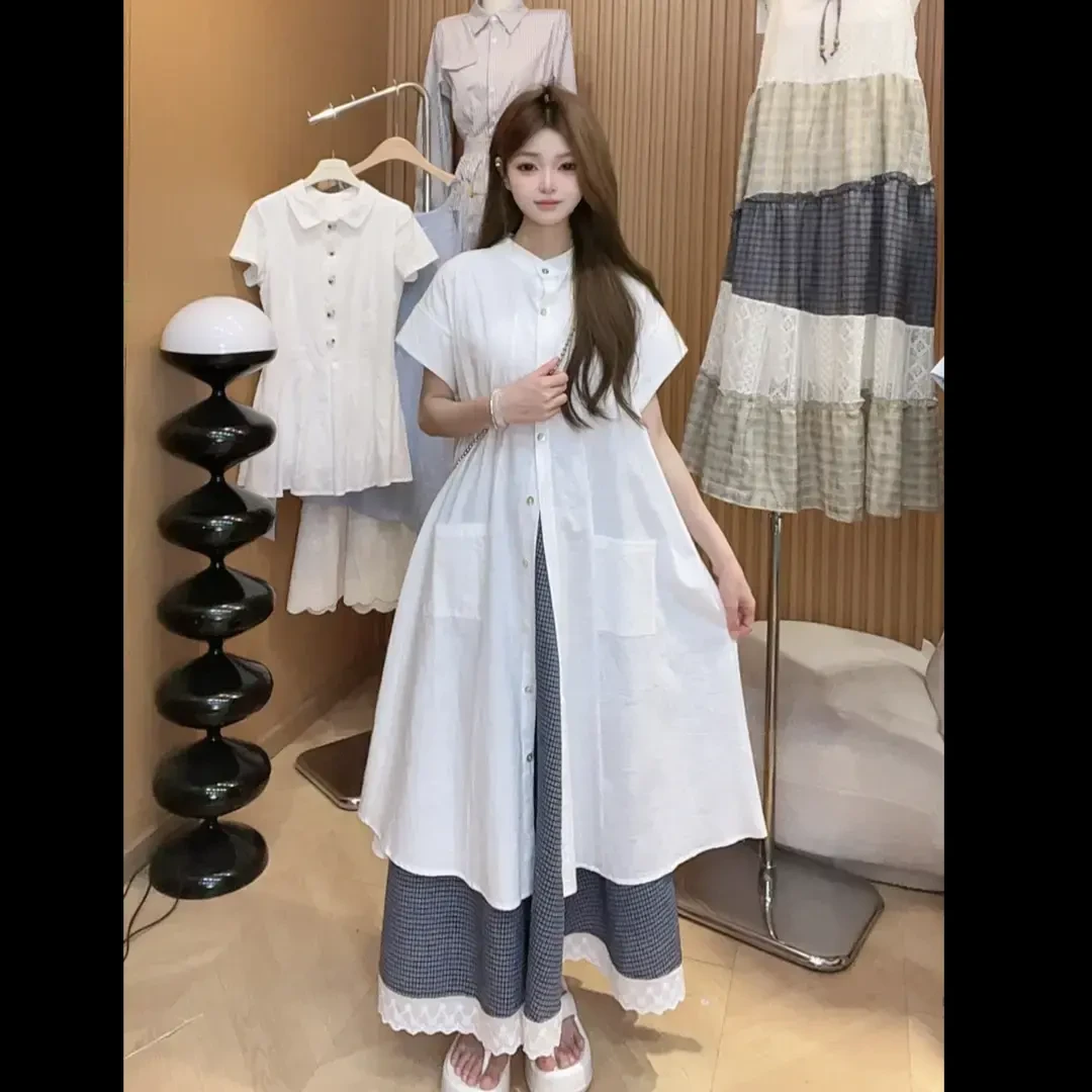 日系文艺条纹长款短袖衬衫连衣裙2025新款宽松设计感长裙子-7120