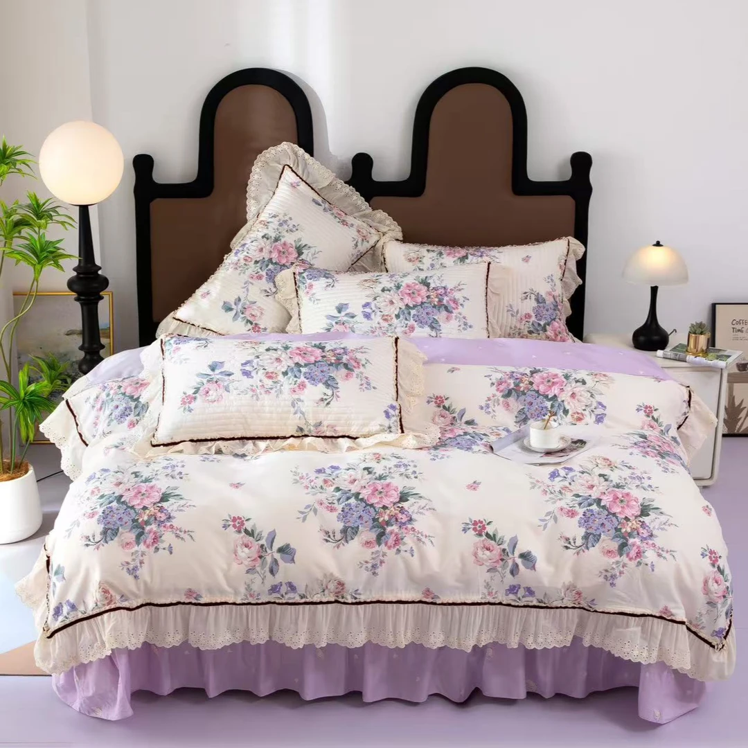 韩式床盖款全棉四件套花边公主风床上用品纯棉四件套少女心四季款