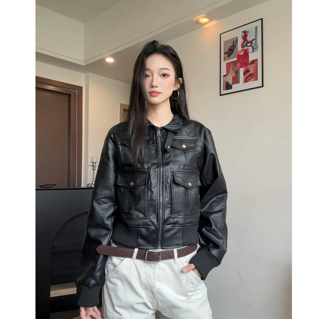 XTD  秋冬季工装风多口袋设计立领PU皮外套女特短款机车夹克潮流