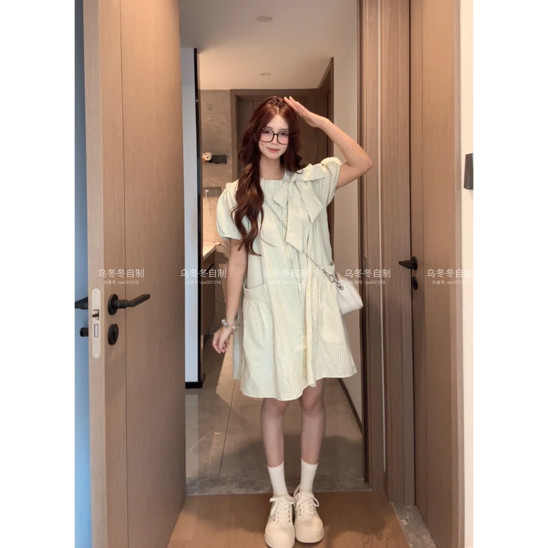 【乌冬自制】“蜜瓜裙”清纯初恋奶乖气质蝴蝶结条纹连衣裙～