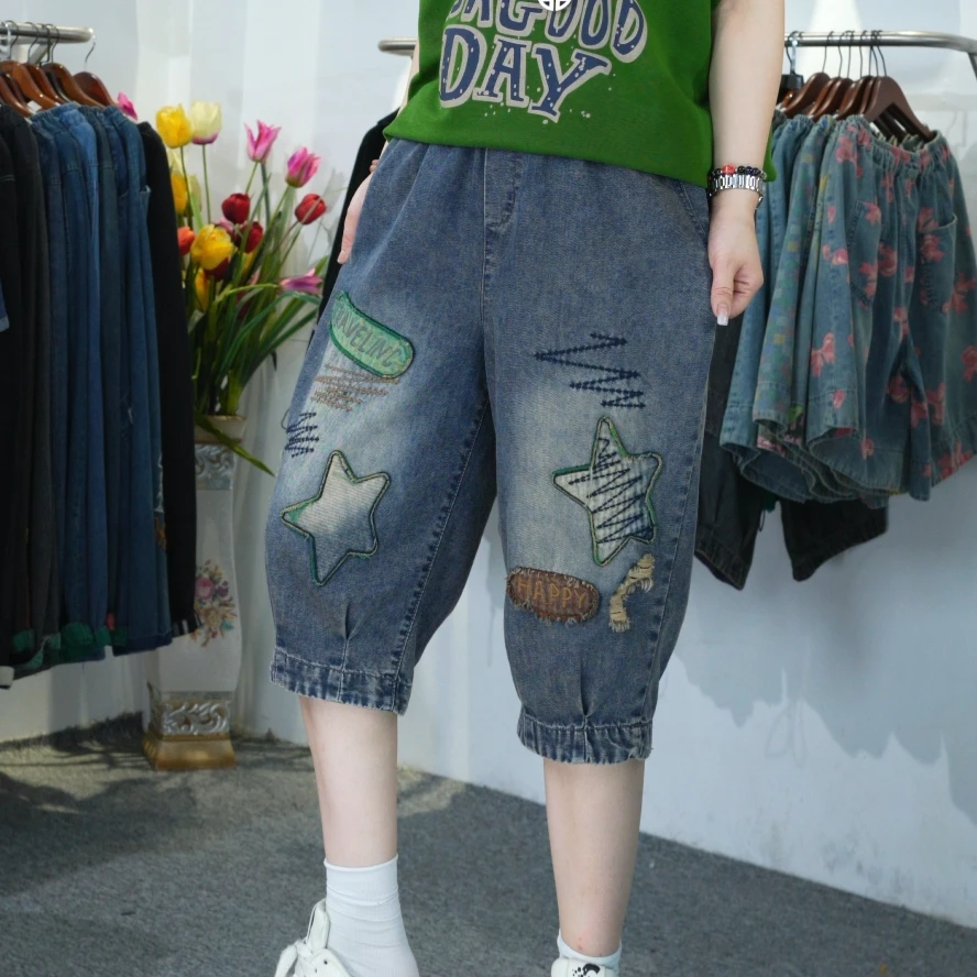 休闲哈伦裤六分裤破洞水洗潮流宽松直筒翻边牛仔裤复古夏季