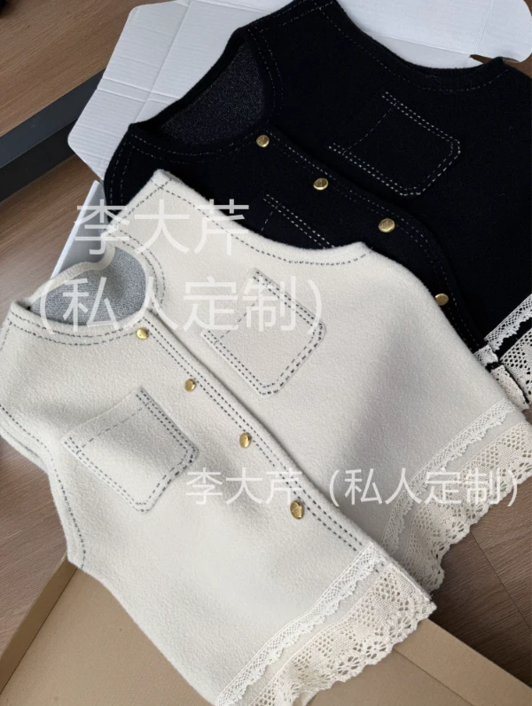 金豆扣蕾丝边马甲  韩系秋款设计感拼接百搭马夹上衣双口