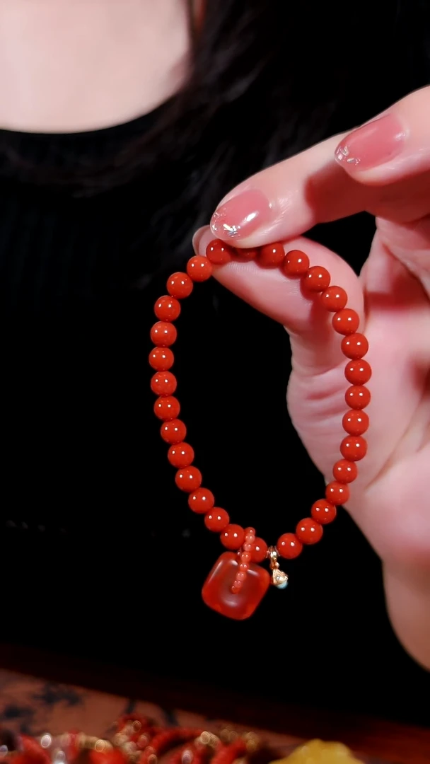 银S925镶嵌柿子红南红玛瑙手链