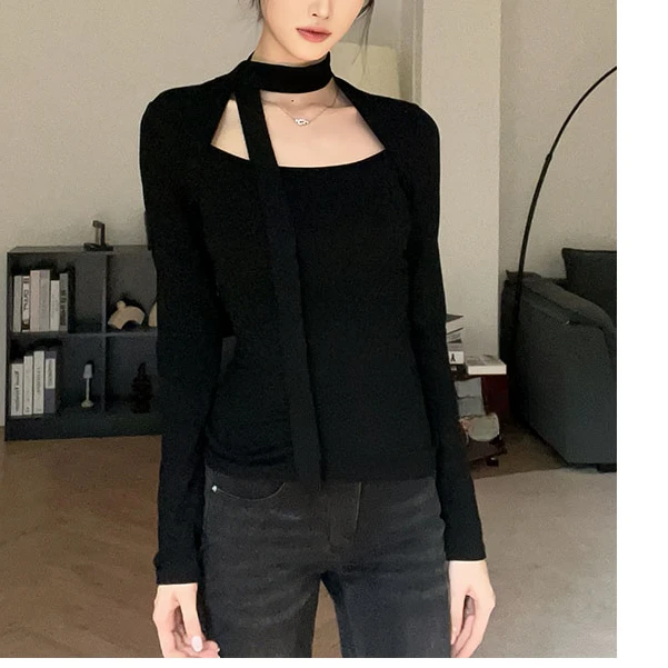 【年终特价】辣妹方领系带修身长袖百搭显瘦内搭上衣