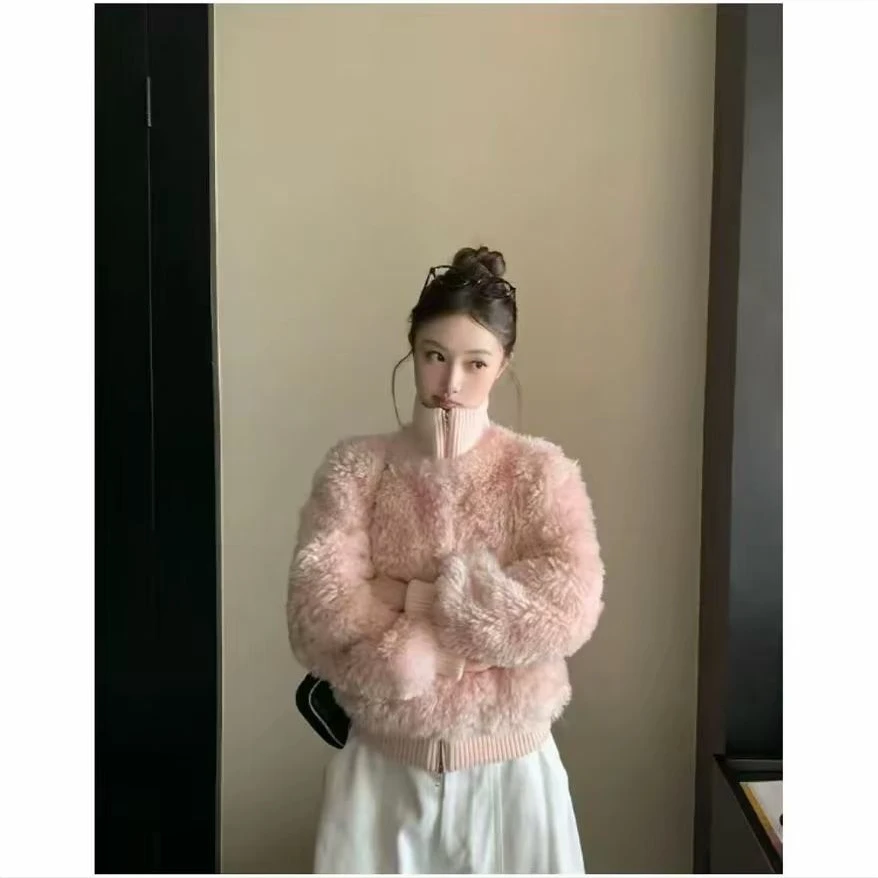 韩版秋冬短款宽松休闲绒绒奶芙毛拼接针织罗纹保暖外套女