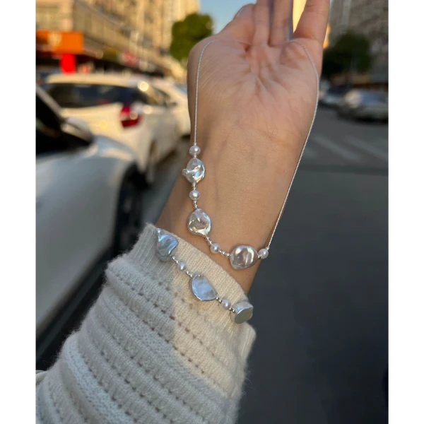 JUNMU天然淡水keshi珍珠项链925银颈链唯美碎银百搭时尚锁骨链