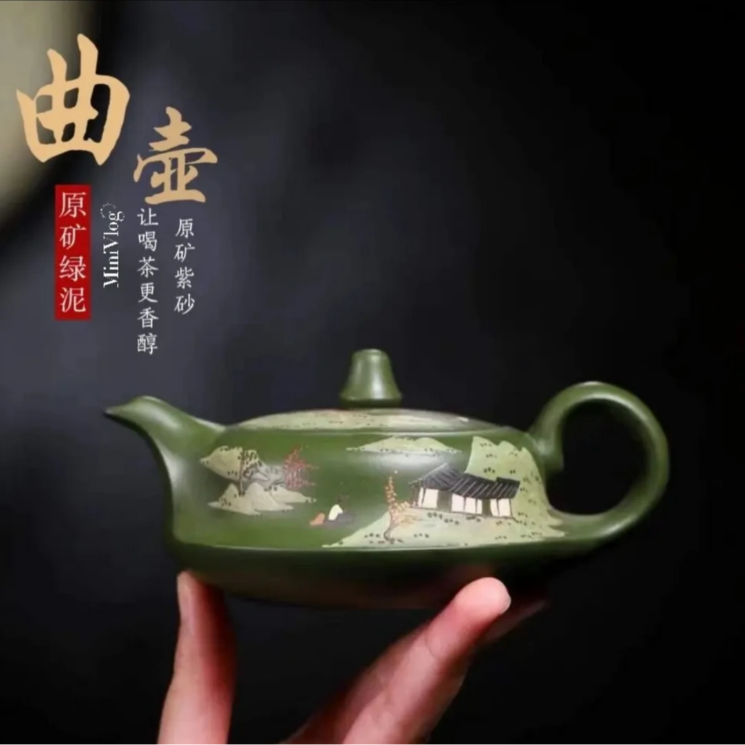 紫砂壶绿泥水堆绘曲壶