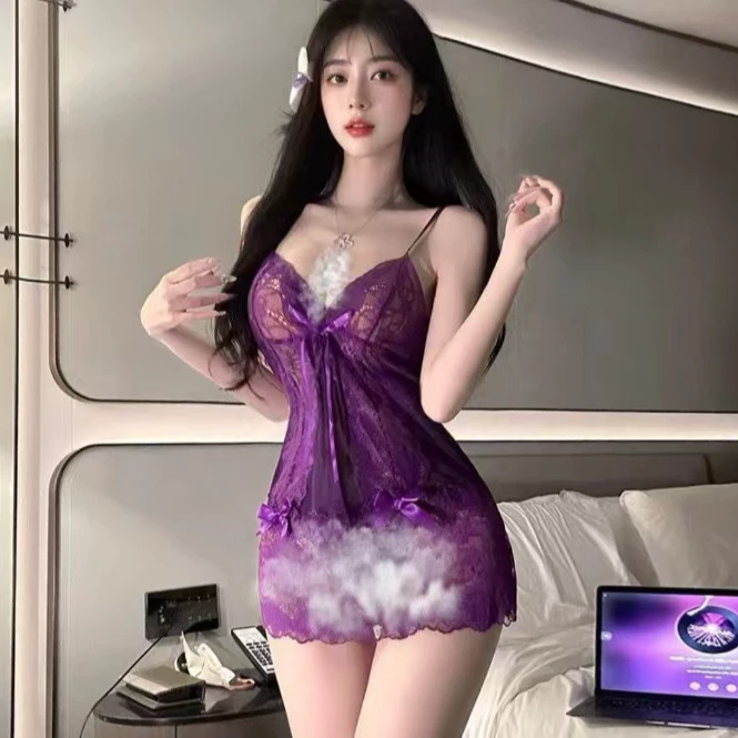 沉醉紫色睡衣女镂空蕾丝网纱纯欲绑带美背吊带睡裙