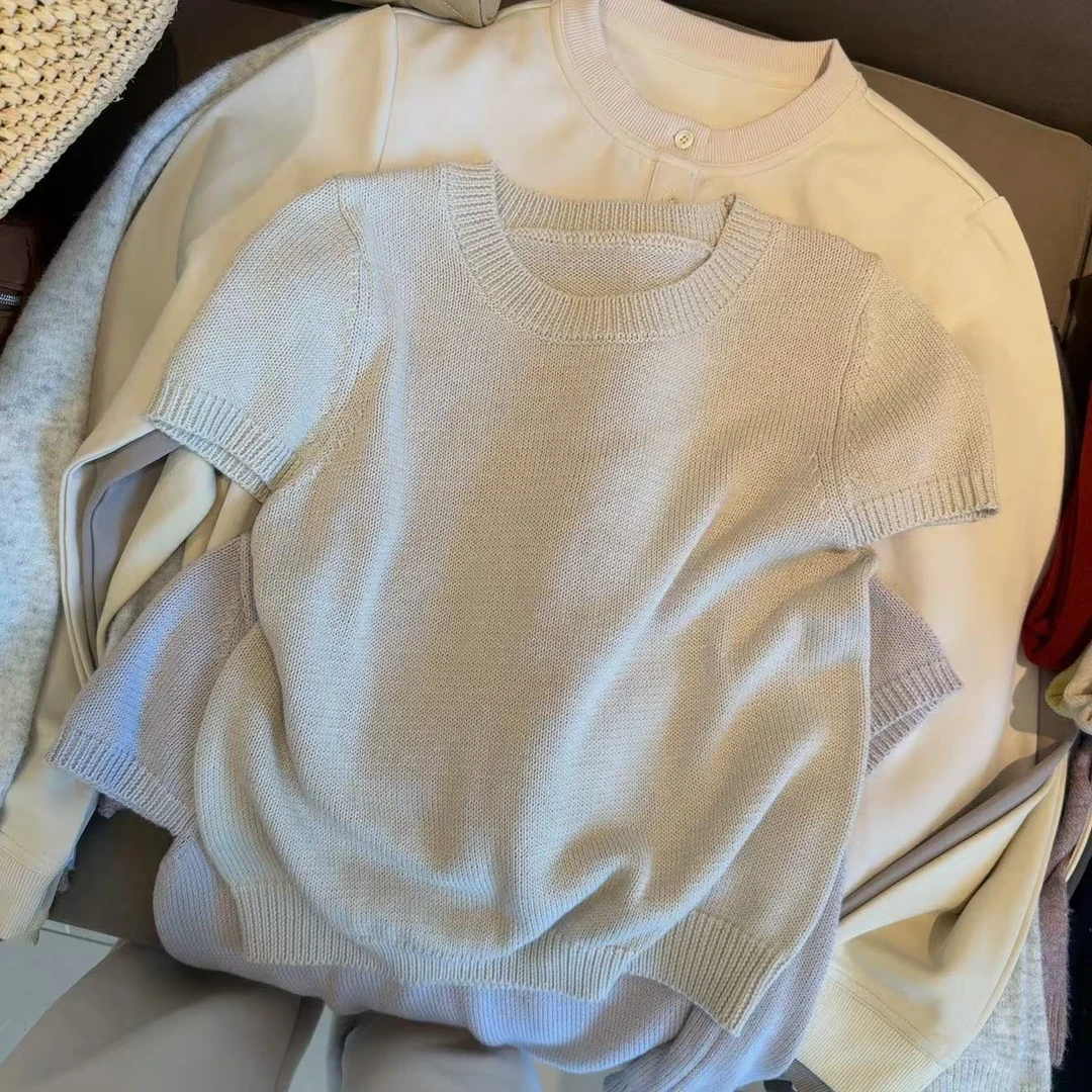 圆领纯色时尚百搭休闲针织2025夏季新款打底套头舒适女上衣H8-46