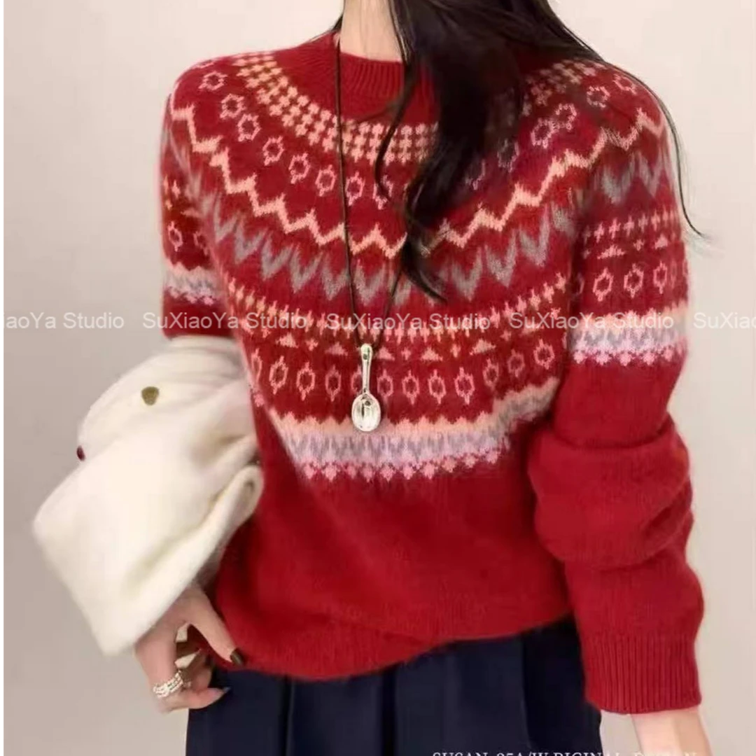 超好看费尔岛提花针织毛衣女秋冬款复古撞色羊毛衫