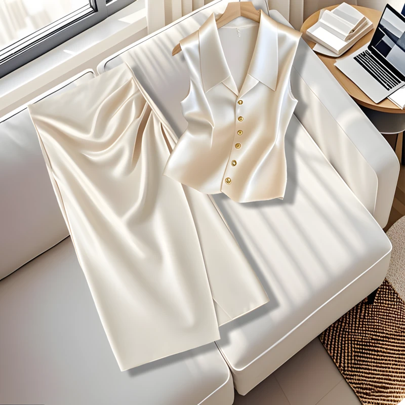 气质洋气夏季两件套2025新款千金轻奢翻领无袖上衣百搭半身裙套装