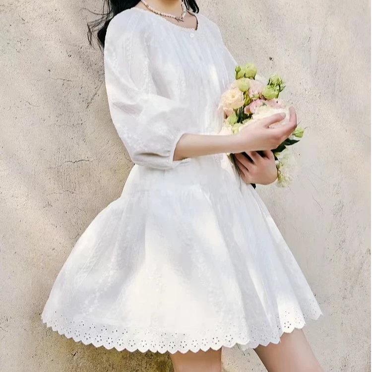 夏季优雅风春夏秋圆领高腰连衣裙百搭旗袍泡泡袖时尚裙子51-100