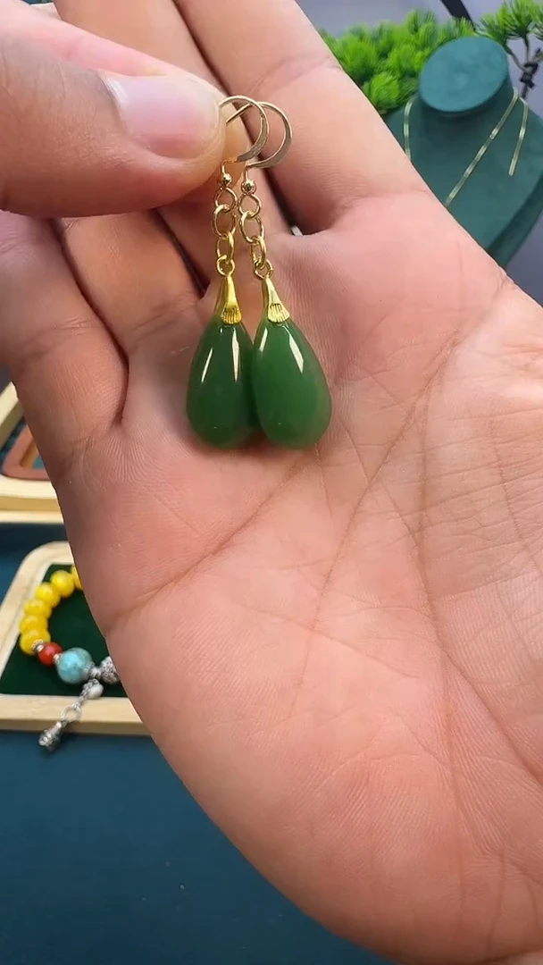 和田玉14K金镶嵌耳饰E119