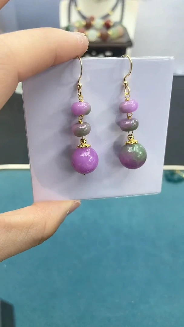 【闪购商品】翡翠耳饰14K金镶嵌春彩三珠耳钩