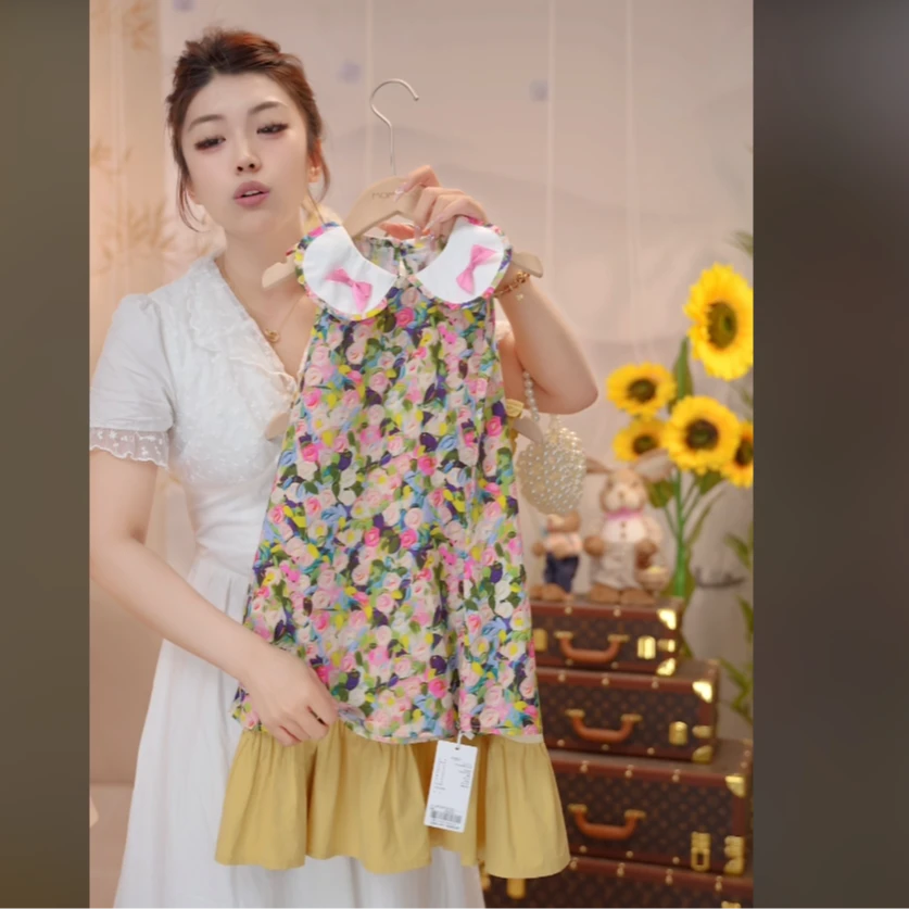 MOMOCO女童夏季繁花似锦时尚花朵满印连衣裙77630470189