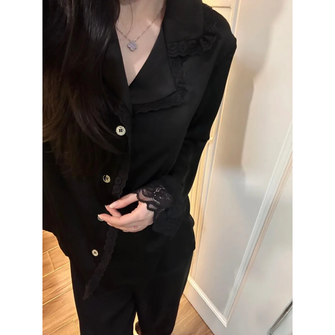 【纯欲蕾丝】法式花边长袖睡衣女春秋新款女士缎面冰丝家居服套装