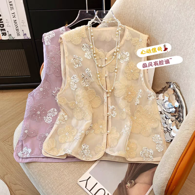 马甲亮片刺绣纯色女夏季复古马夹民族风常规绣花