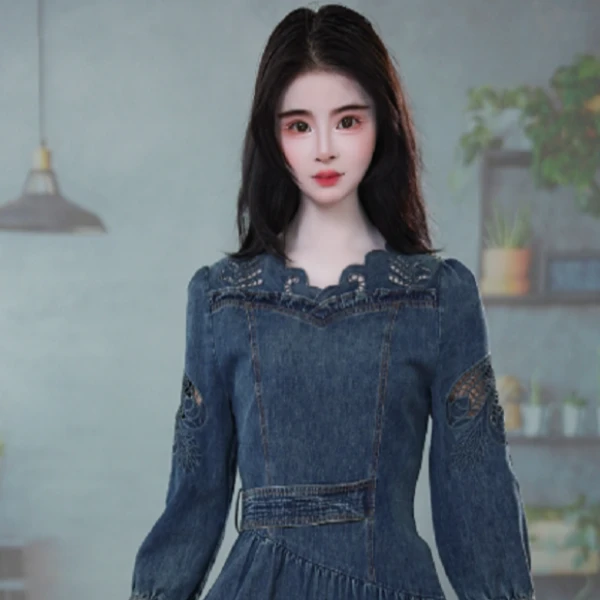 2025秋季新款高贵气质轻奢减龄遮肉显瘦精致时尚牛仔连衣裙M-4XL