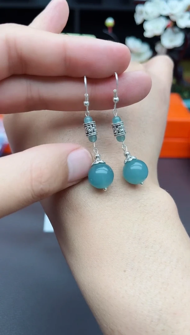 石英质玉（天山翠）银S925镶嵌耳饰420000