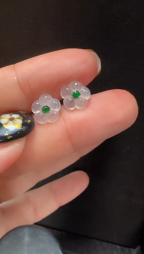 翡翠18K金镶嵌耳饰925格桑花一对