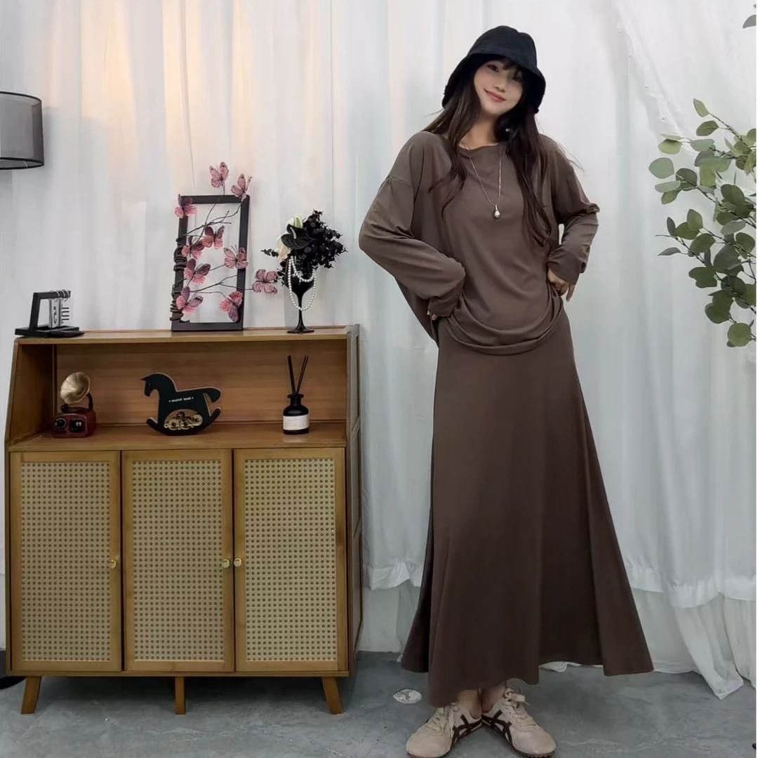 【Trend maker】-XIXI-早秋休闲时尚纯色针织打底半裙套装