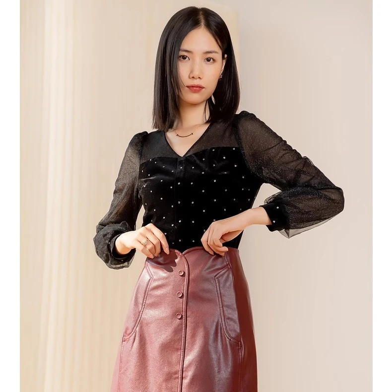 velwin蔚雯冬季新女款酒红色皮质优雅经典时尚半身裙LGBB239B15