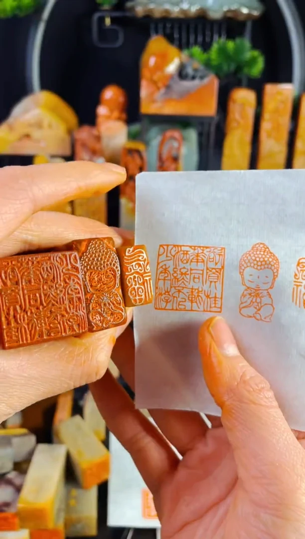 【闪购商品】老挝石印石手工篆刻《欲买桂花+小弥勒+有福》