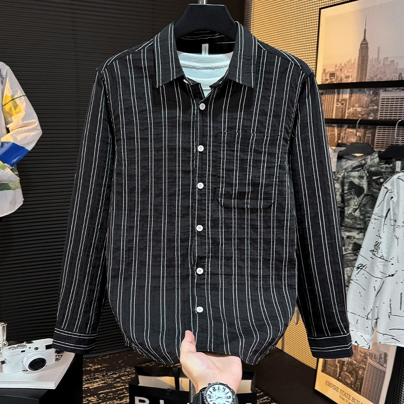 轻奢复古条纹长袖衬衫春秋新款韩版男士时尚百搭文艺休闲宽松上衣