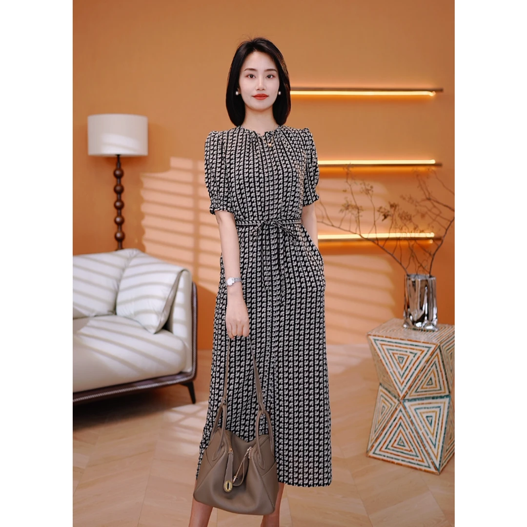【欧港服饰】24034 春夏季2025年爆款时尚气质减龄千鸟格显瘦连衣裙