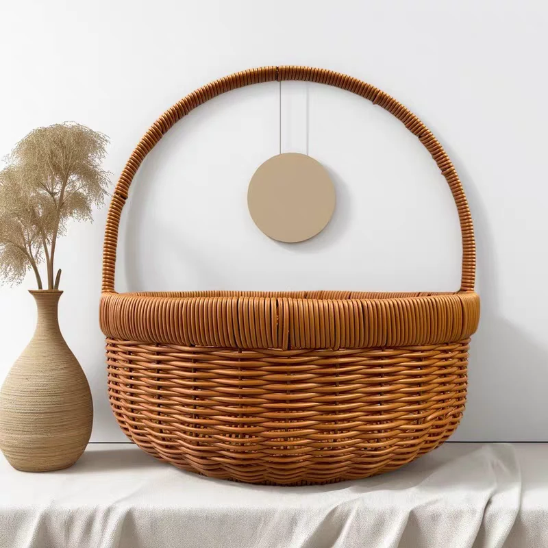 手提篮南瓜正圆形鸡蛋篮送礼提篮仿藤编直径30*H13/30cm