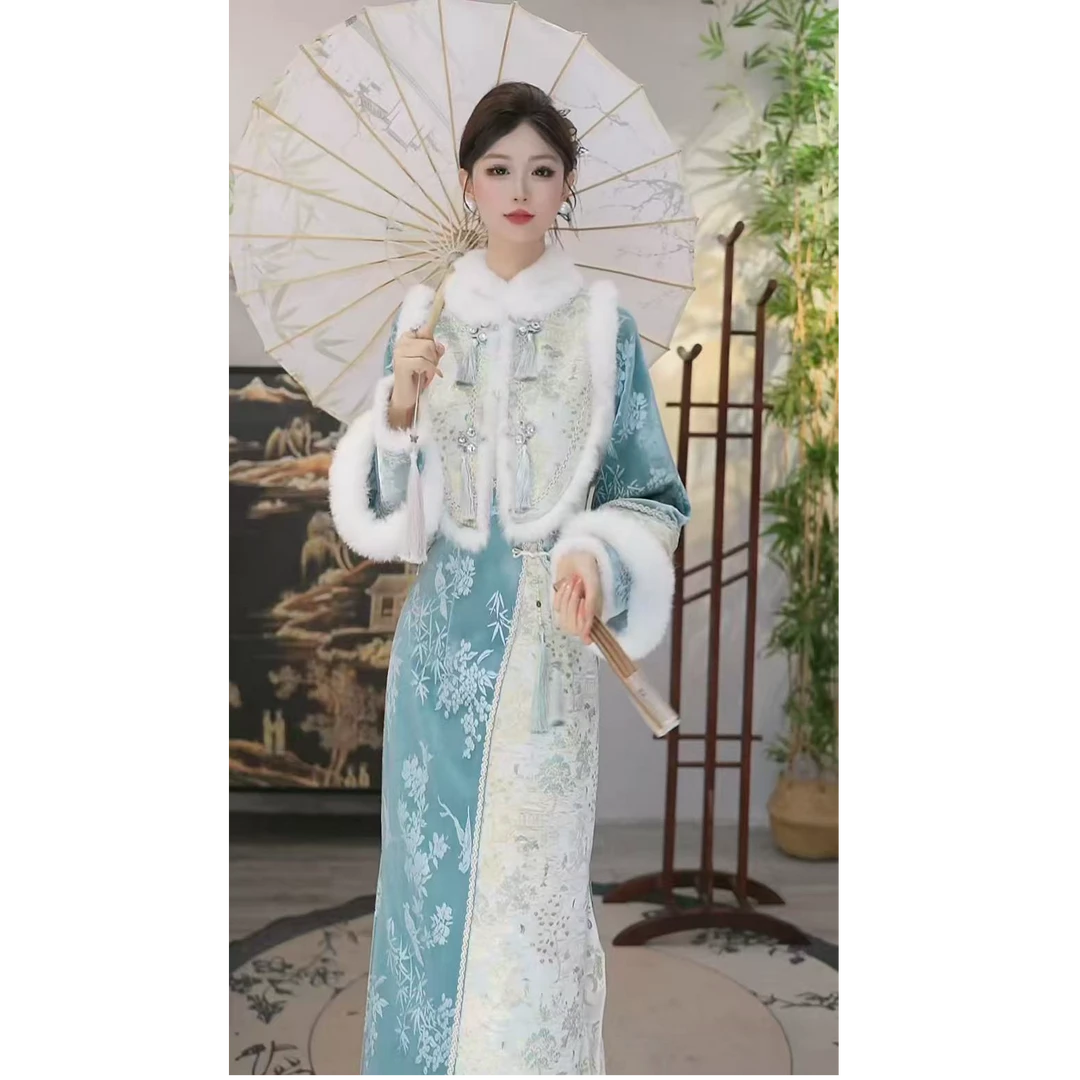 【储秋·青柚嫣岚】新中式女装秋冬款温柔天青女装裙子马甲5927+5937